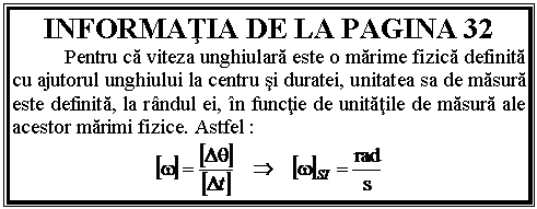 Text Box: INFORMATIA DE LA PAGINA 32
 Pentru ca viteza unghiulara este o marime fizica definita cu ajutorul unghiului la centru si duratei, unitatea sa de masura este definita, la randul ei, in functie de unitatile de masura ale acestor marimi fizice. Astfel :
 
