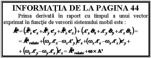 Text Box: INFORMATIA DE LA PAGINA 44
 Prima derivata in raport cu timpul a unui vector exprimat in functie de versorii sistemului mobil este :
 
