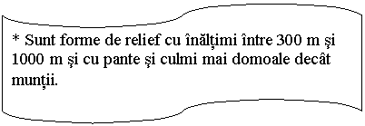 Flowchart: Punched Tape: * Sunt forme de relief cu inaltimi intre 300 m si 1000 m si cu pante si culmi mai domoale decat muntii. 