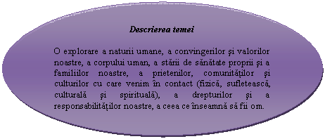 Oval Callout: Descrierea temei

O explorare a naturii umane, a convingerilor si valorilor noastre, a corpului uman, a starii de sanatate proprii si a familiilor noastre, a prietenilor, comunitatilor si culturilor cu care venim in contact (fizica, sufleteasca, culturala si spirituala), a drepturilor si a responsabilitatilor noastre, a ceea ce inseamna sa fii om.
