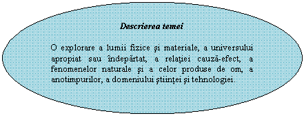 Oval Callout: Descrierea temei

O explorare a lumii fizice si materiale, a universului apropiat sau indepartat, a relatiei cauza-efect, a fenomenelor naturale si a celor produse de om, a anotimpurilor, a domeniului stiintei si tehnologiei. 

