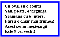 Text Box: Un oval cu o codita
Sau, poate, o virgulita
Seamana cu 6 -ntors,
Parca e chiar mai frumos!
Acest semn mestesugit
Este 9 cel vestit!
