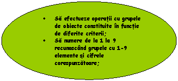 Oval: . Sa efectueze operatii cu grupele de obiecte constituite in functie de diferite criterii;
. Sa numere de la 1 la 9 recunoscand grupele cu 1-9 elemente si cifrele corespunzatoare;
