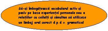 Oval: Sa-si imbogateasca vocabularul activ si pasiv pe baza experientei personale sau a relatiilor cu ceilalti si simultan sa utilizeze un limbaj oral corect d.p.d.v. gramatical