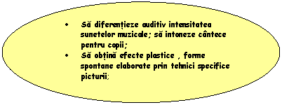 Oval: . Sa diferentieze auditiv intensitatea sunetelor muzicale; sa intoneze cantece pentru copii;
. Sa obtina efecte plastice , forme spontane elaborate prin tehnici specifice picturii;


