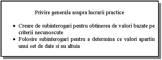 Text Box: Privire generala asupra lucrarii practice

. Creare de subinterogari pentru obtinerea de valori bazate pe criterii necunoscute
. Folosire subinterogari pentru a determina ce valori apartin unui set de date si nu altuia
