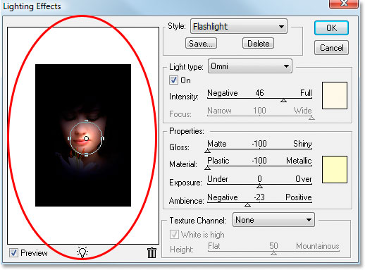 The preview window of the Lighting Effects filter dialog box