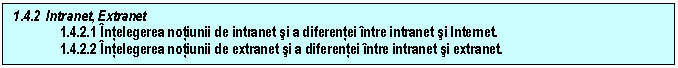 Text Box: 1.4.2 Intranet, Extranet
1.4.2.1 Intelegerea notiunii de intranet si a diferentei intre intranet si Internet.
1.4.2.2 Intelegerea notiunii de extranet si a diferentei intre intranet si extranet.


