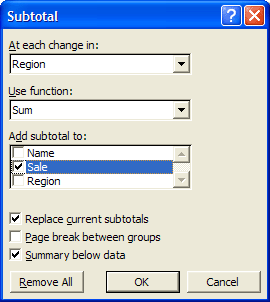 Fereastra de configurare subtotaluri