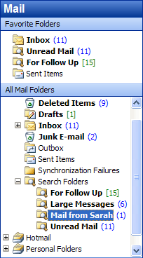 Exemplu de folder de cautare in browser-ul Outlook
