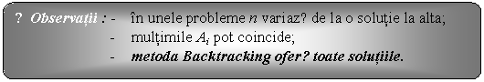 Flowchart: Alternate Process: ☺Observatii : - in unele probleme n variazǎ de la o solutie la alta;
- multimile Ai pot coincide;
- metoda Backtracking oferǎ toate solutiile.
