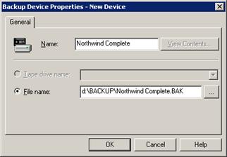 Figure 2: New Backup Device Properties