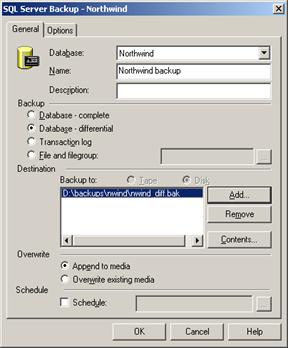Figure 34: Differential database backup settings