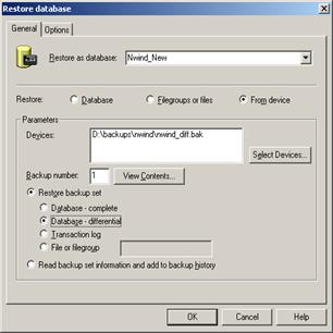 Figure 36: Restore differential backup to new database settings