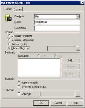 Figure 37: File/filegroup backup general settings