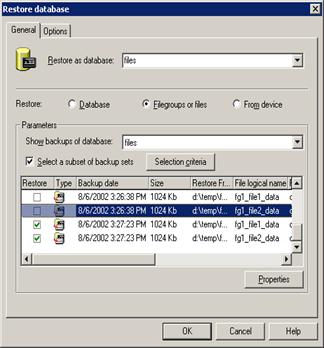 Figure 42: Restore file/filegroup dialog with selected backups