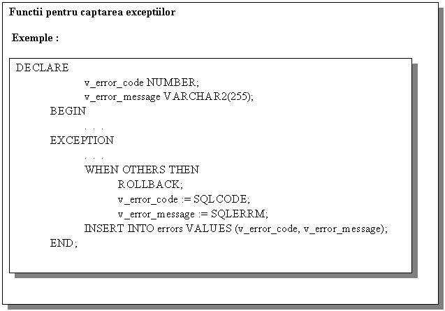Text Box: Functii pentru captarea exceptiilor

 Exemple :

 
