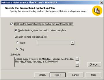 Figure 50: Specify Transaction log backup plan