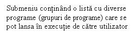 Text Box: Submeniu continand o lista cu diverse programe (grupuri de programe) care se pot lansa in executie de catre utilizator