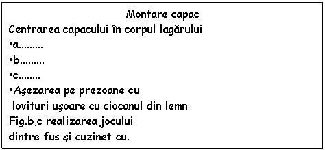 Text Box: Montare capac
Centrarea capacului in corpul lagarului
.a
.b
.c..
.Asezarea pe prezoane cu
 lovituri usoare cu ciocanul din lemn
Fig.b,c realizarea jocului 
dintre fus si cuzinet cu.
