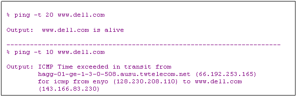 Text Box: % ping -t 20 www.dell.com

Output: www.dell.com is alive

-------- ----- ------ -------- ----- ------ ----
% ping �Ct 10 www.dell.com

Output: ICMP Time exceeded in transit from 
 hagg-01-ge-1-3-0-508.ausu.twtelecom.net (66.192.253.165)
 for icmp from enyo (128.230.208.110) to www.dell.com
 (143.166.83.230)

