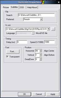 DivXG400 Subtitle asetukset
