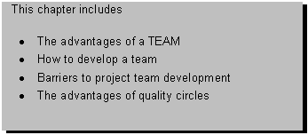 Text Box: This chapter includes 

� The advantages of a TEAM
� How to develop a team
� Barriers to project team development
� The advantages of quality circles

