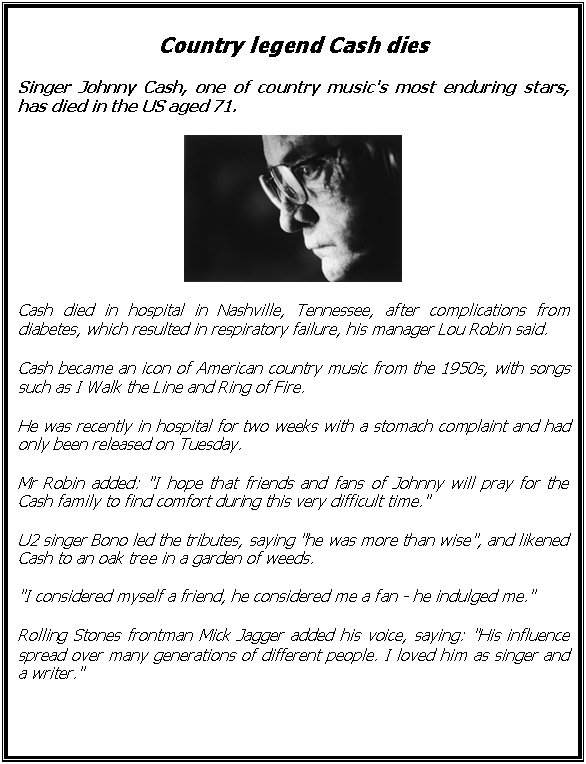 Text Box: Country legend Cash dies

Singer Johnny Cash, one of country music's most enduring stars, has died in the US aged 71. 

 
Cash died in hospital in Nashville, Tennessee, after complications from diabetes, which resulted in respiratory failure, his manager Lou Robin said.
Cash became an icon of American country music from the 1950s, with songs such as I Walk the Line and Ring of Fire. 
He was recently in hospital for two weeks with a stomach complaint and had only been released on Tuesday. 
Mr Robin added: 'I hope that friends and fans of Johnny will pray for the Cash family to find comfort during this very difficult time.'
U2 singer Bono led the tributes, saying 'he was more than wise', and likened Cash to an oak tree in a garden of weeds.
'I considered myself a friend, he considered me a fan - he indulged me.'
Rolling Stones frontman Mick Jagger added his voice, saying: 'His influence spread over many generations of different people. I loved him as singer and a writer.'














































































































































And Nick Cave, who worked with the singer, said: 'He had such a wealth of experience in his voice, heaven and hell and no-one could touch him.'

