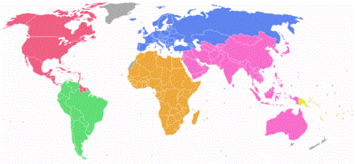 Map of the World with the six confederations.