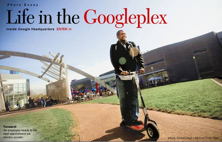 An employee at the Googleplex heads to his next appointment via electric scooter.