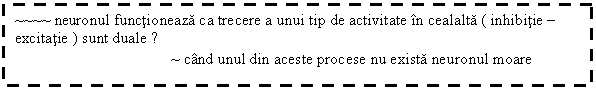 Text Box: ~~~~ neuronul functioneaza ca trecere a unui tip de activitate in cealalta ( inhibitie - excitatie ) sunt duale ?
 ~ cand unul din aceste procese nu exista neuronul moare
