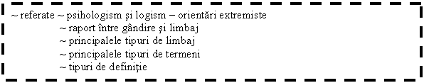 Text Box: ~ referate ~ psihologism si logism - orientari extremiste
 ~ raport intre gandire si limbaj
 ~ principalele tipuri de limbaj
 ~ principalele tipuri de termeni
 ~ tipuri de definitie
 
