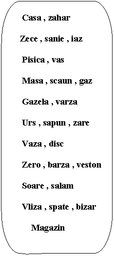 Rounded Rectangular Callout:      Casa , zahar
 
    Zece , sanie , iaz

     Pisica , vas

     Masa , scaun , gaz

     Gazela , varza

     Urs , sapun , zare

     Vaza , disc

     Zero , barza , veston

     Soare , salam

     Vliza , spate , bizar

         Magazin

