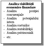 Text Box: Analiza viabilitatii economico-financiare
-	Analiza pozitiei concurentiale
-	Analiza potentialului intern
-	Analiza costurilor
-	Analiza rentabilitatii
-	Analiza patrimoniala
-	etc.
