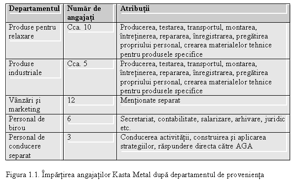 Text Box: Departamentul Numar de angajati Atributii
Produse pentru relaxare Cca. 10 Producerea, testarea, transportul, montarea, intretinerea, repararea, inregistrarea, pregatirea propriului personal, crearea materialelor tehnice pentru produsele specifice
Produse industriale Cca. 5 Producerea, testarea, transportul, montarea, intretinerea, repararea, inregistrarea, pregatirea propriului personal, crearea materialelor tehnice pentru produsele specifice
Vanzari si marketing 12 Mentionate separat
Personal de birou 6 Secretariat, contabilitate, salarizare, arhivare, juridic etc.
Personal de conducere separat 3 Conducerea activitatii, construirea si aplicarea strategiilor, raspundere directa catre AGA

Figura 1.1. Impartirea angajatilor Kasta Metal dupa departamentul de provenienta
