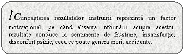 Rounded Rectangle: !Cunoasterea rezultatelor instruirii reprezinta un factor motivational, pe cand absenta informarii asupra acestoir rezultate conduce la sentimente de frustrare, insatisfactie, disconfort psihic, ceea ce poate genera erori, accidente.

