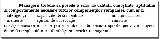 Text Box: Managerii trebuie sa posede o serie de calitati, cunostinte, aptitudini si comportamente necesare tuturor componentilor companiei, cum ar fi: 
- inteligenta - capacitate de concentrare - un bun caracter
- memorie - spiritul de observatie - sanatate 
calitati necesare in orice profesie, dar la dimensiuni sporite pentru manageri, datorita complexitatii si dificultatii proceselor manageriale. 


