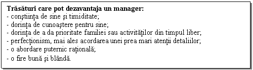 Text Box: Trasaturi care pot dezavantaja un manager: 
- constiinta de sine si timiditate;
- dorinta de cunoastere pentru sine;
- dorinta de a da prioritate familiei sau activitatilor din timpul liber;
- perfectionism, mai ales acordarea unei prea mari atentii detaliilor;
- o abordare puternic rationala;
- o fire buna si blanda.
