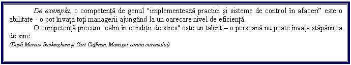 Text Box: De exemplu, o competenta de genul 'implementeaza practici si sisteme de control in afaceri