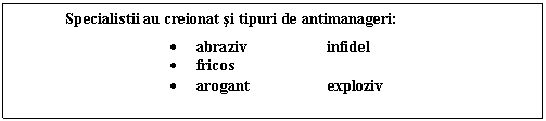 Text Box: Specialistii au creionat si tipuri de antimanageri: 
. abraziv infidel 
. fricos
. arogant exploziv 
