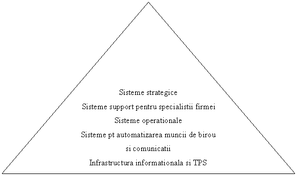 Flowchart: Extract: Sisteme strategice
Sisteme support pentru specialistii firmei
Sisteme operationale
Sisteme pt automatizarea muncii de birou si comunicatii
Infrastructura informationala si TPS
