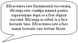 Rounded Rectangular Callout: Eficacitatea este fundamentul succesului, eficienta este conditia minima pentru supravietuire dupa ce a fost obtinut succesul. Eficienta se refera la a face lucrurile bine. Eficacitatea este a face numai lucrurile care trebuie facute

