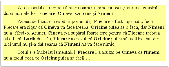 Text Box: A fost odata ca niciodata patru oameni, binecunoscuti dumneavoastra dupa numele lor: Fiecare, Cineva, Oricine si Nimeni.
Aveau de facut o treaba importanta si Fiecare a fost rugat sa o faca. Fiecare era sigur ca Cineva va face treaba. Oricine putea sa o faca, dar Nimeni nu a facut-o. Atunci, Cineva s-a suparat foarte tare pentru ca Fiecare trebuia sa o faca. La randul sau, Fiecare a crezut ca Oricine putea sa faca treaba, dar nici unul nu si-a dat seama ca Nimeni nu va face nimic.
Totul s-a incheiat lamentabil: Fiecare l-a acuzat pe Cineva ca Nimeni nu a facut ceea ce Oricine putea sa faca!.

