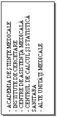 Text Box: - ACADEMIA DE STIINTE MEDICALE
- INSTITUTE DE CERCETARE
- CENTRE DE ASISTENTA MEDICALA
- CENTRUL DE CALCUL SI STATISTICA SANITARA
- ALTE UNITATI MEDICALE
