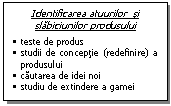 Text Box: Identificarea atuurilor  si  slabiciunilor produsului
�	teste de produs
�	studii de conceptie (redefinire) a produsului
�	cautarea de idei noi
�	studiu de extindere a gamei
