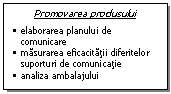 Text Box: Promovarea produsului
�	elaborarea planului de comunicare
�	masurarea eficacitatii diferitelor suporturi de comunicatie
�	analiza ambalajului
