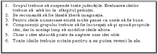 Text Box: 1. Grupul trebuie sa suspende toate judecatile. Evaluarea ideilor trebuie sa aiba loc la sfarsitul sedintei.
2. Se recomanda sa fie lasata libera imaginatia.
3. Pentru ideile numeroase exista multe sanse ca unele sa fie bune.
4. Componentii grupului trebuie sa fie incurajati sa-si spuna propriile idei, dar in acelasi timp sa modifice ideile altora.
5. Chiar o idee absurda poate da nastere unei idei utile
6. Toate ideile trebuie notate pentru a se putea reveni la ele. 
