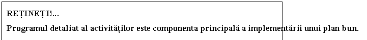 Text Box: RETINETI!
Programul detaliat al activitatilor este componenta principala a implementarii unui plan bun. 
