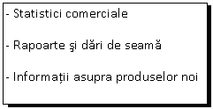 Text Box: - Statistici comerciale
- Rapoarte si dari de seama
- Informatii asupra produselor noi
- Contabilitatea analitica
- Informatii asupra retelelor de 
  distributie
