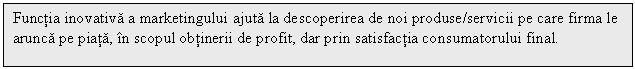 Text Box: Functia inovativa a marketingului ajuta la descoperirea de noi produse/servicii pe care firma le arunca pe piata, in scopul obtinerii de profit, dar prin satisfactia consumatorului final.